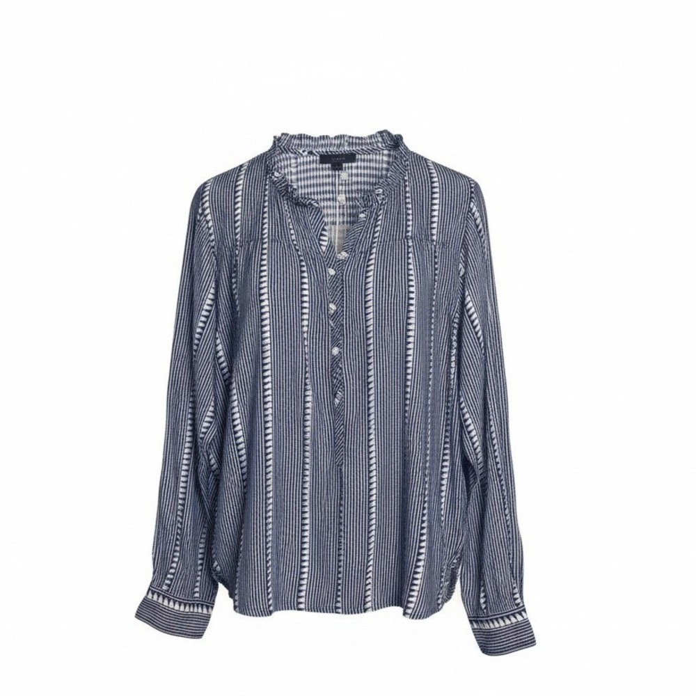 J.Crew Re-Imagined Navy White Geometric Stripe Ruffle Collar Blouse Large NEW